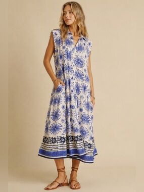 #22 CLOSEOUT Firm 🌸Blue and White Floral Sleeveless Dress